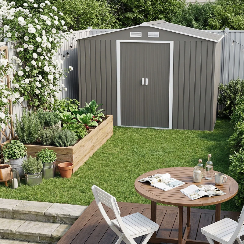Outsunny 9 x 6FT Outdoor Garden Roofed Metal Storage Shed Tool Box with Foundation Ventilation & Doors Light, Grey