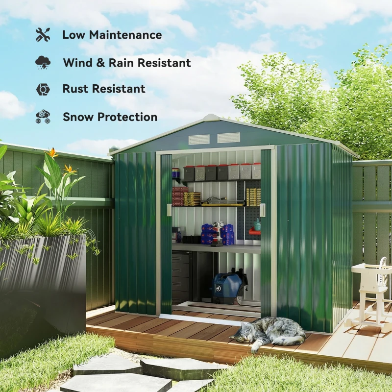 Outsunny 7 x 4ft Metal Garden Shed, Outdoor Storage Tool House with Ventilation Slots, Foundation Kit and Lockable Double Doors, Green
