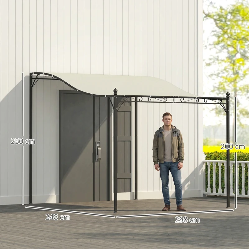 Pergola Outsunny Adosată Curbată cu 16 Orificii de Drenaj, din Metal și Poliester, 248x298x200/250 cm, Crem