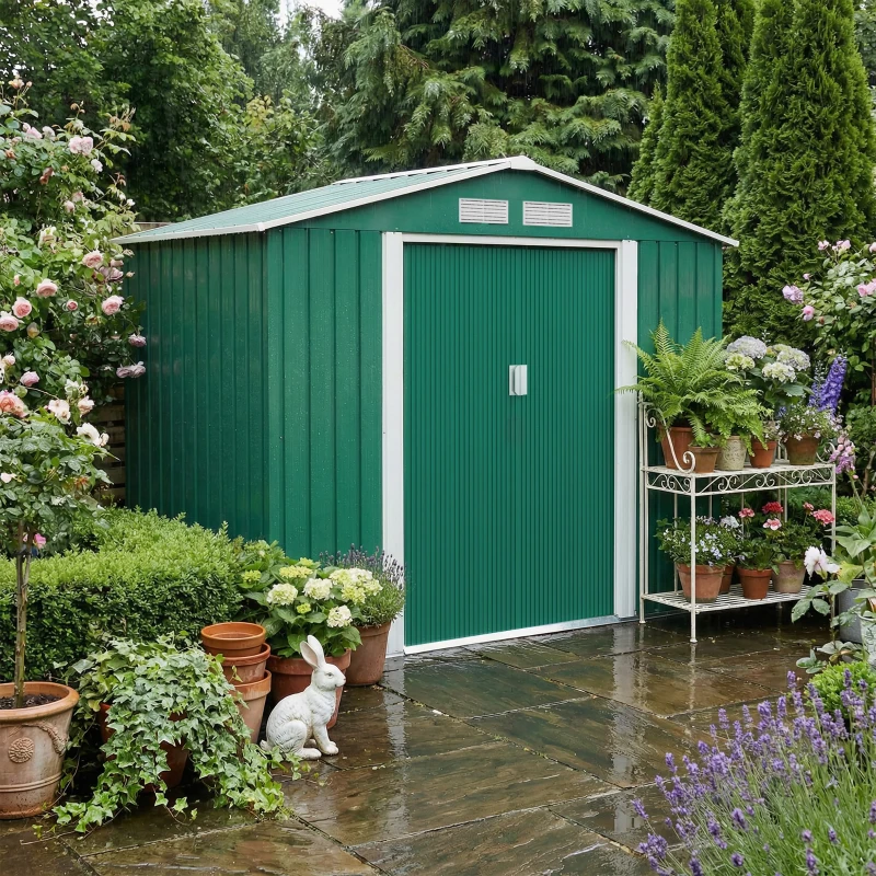 Outsunny 7 x 4ft Metal Garden Shed, Outdoor Storage Tool House with Ventilation Slots, Foundation Kit and Lockable Double Doors, Green