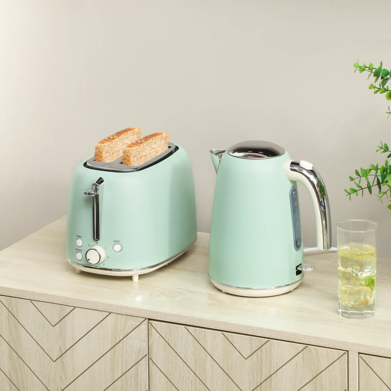 HOMCOM Ensemble bouilloire et grille-pain, bouilloire en acier inoxydable 1,7 L et 2200 W et grille-pain à 2 tranches, vert