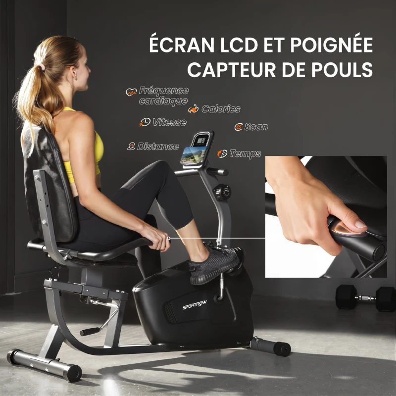 SPORTNOW Vélo d'Appartement Semi-Allongé avec Roues, Résistance Magnétique et Siège Réglable, 132x62x100cm, Noir