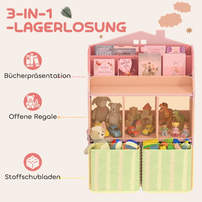 AIYAPLAY Kinderregal Bücherregal Kinder mit 2 Stoffschubladen offen Regal für 3-8 Jahre 62,5x30x91,5 cm Rosa