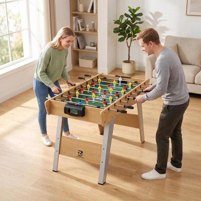 SPORTNOW Tischkicker Kickertisch inkl 22 Kicker 2 Bälle Rutschfest Griffe Punktezähler Schräge Beine 121x87x77cm Naturholz