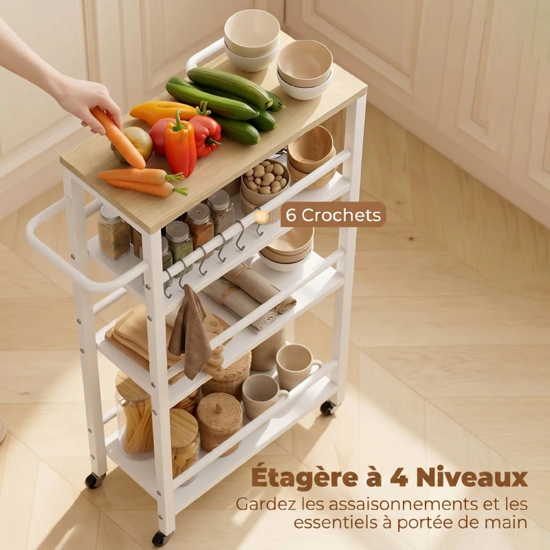 HOMCOM Desserte cuisine 4 niveaux, chariot de service à roulettes avec porte-serviettes et 6 crochets, 50 x 20 x 81 cm, chêne