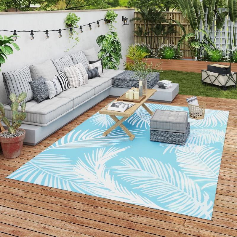 Outsunny Outdoor Teppich wendbarer robuster Wetterfest Outdoorteppich mit Tragetasche Bodenankern 274 x 182 cm Hellblau+Weiß