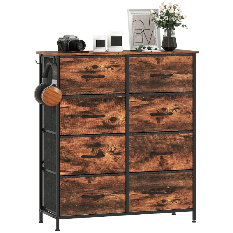 HOMCOM Kommode 8 Stoffschubladen, Aufbewahrungsmöbel, 4 Taschen, 2 Haken, Stahlrahmen, 86x30x94,5cm, rustikabraun