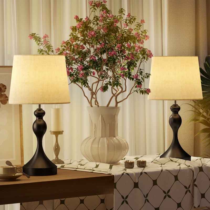 HOMCOM Set of Two Three-Colour Lamps, with USB Ports - Black/Beige