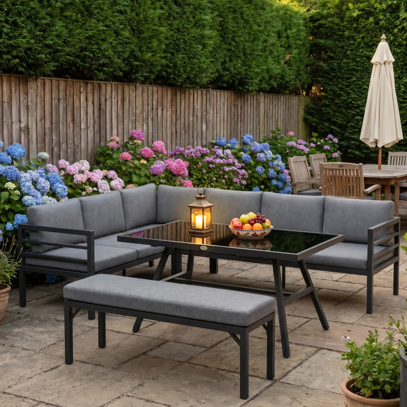 Outsunny 4 Piece L-shaped Garden Furniture Set 8-Seater Aluminium Outdoor Dining Set Conversation Sofa Set w/ Bench, Dining Table & Cushions, Grey