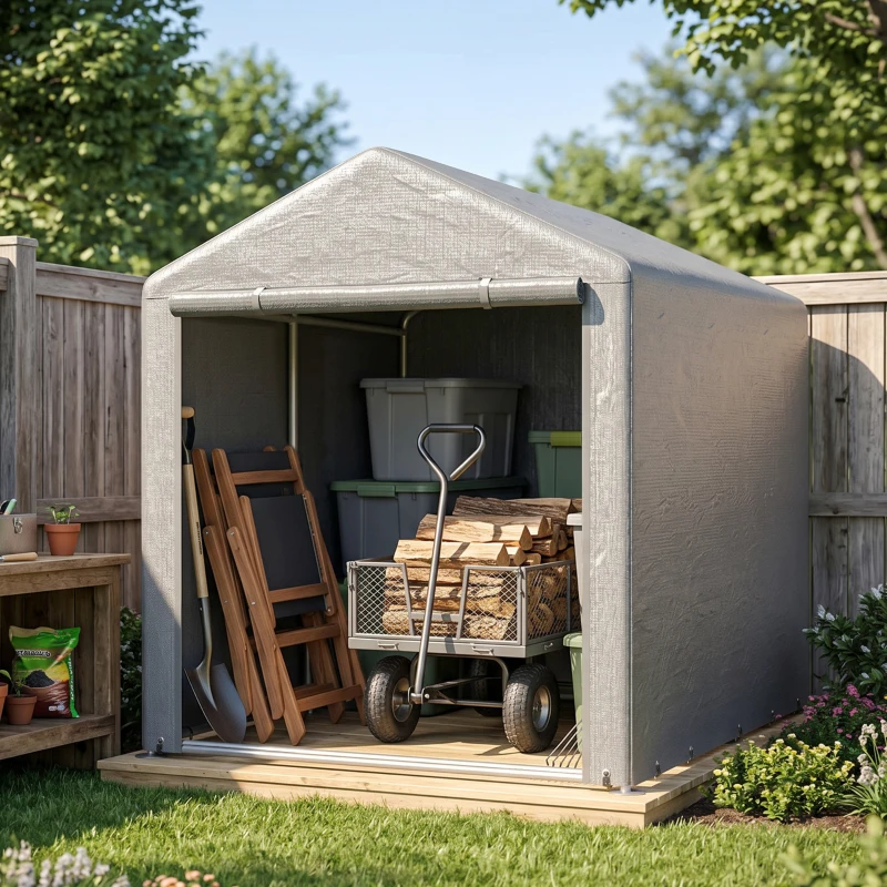 Outsunny Abri de jardin tente de stockage imperméable abri moto porte enroulable fermeture éclair, 160 x 218 x 172 cm, gris clair