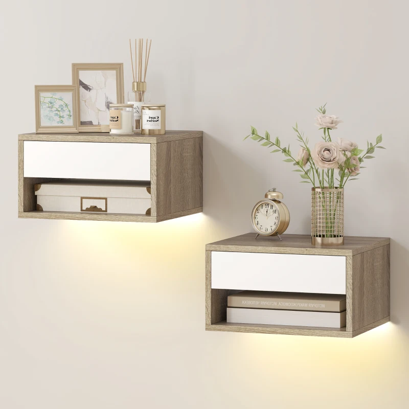 HOMCOM Lot de 2 tables de chevet suspendues avec éclairage LED RGB contrôle par application, étagère, tiroir, 37x32x21cm, teck