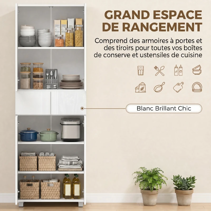 HOMCOM Armoire de cuisine meuble de rangement buffet 4 portes avec étagères réglables - dim. 60L x 35l x 170H cm blanc laqué(m-4)