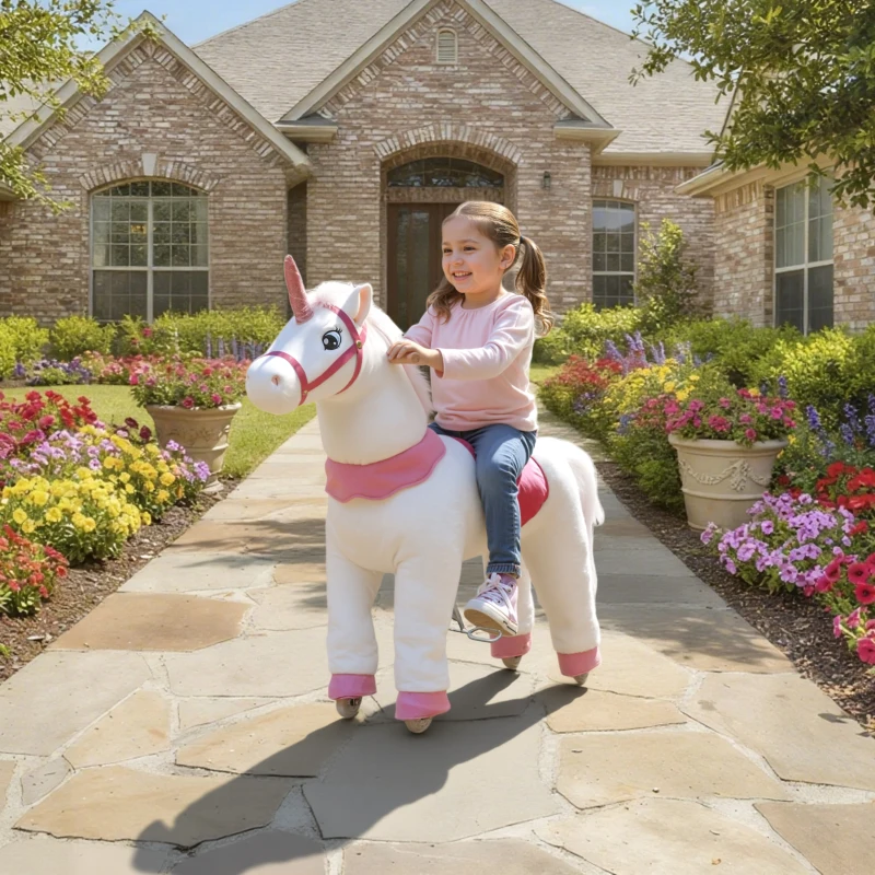 AIYAPLAY Reitpferd für Kinder, Einhorn-Design, Stoffbezug, stabiler Rahmen, sanfte Räder, Schaukelpferd, 3-5 Jahre, Weiß