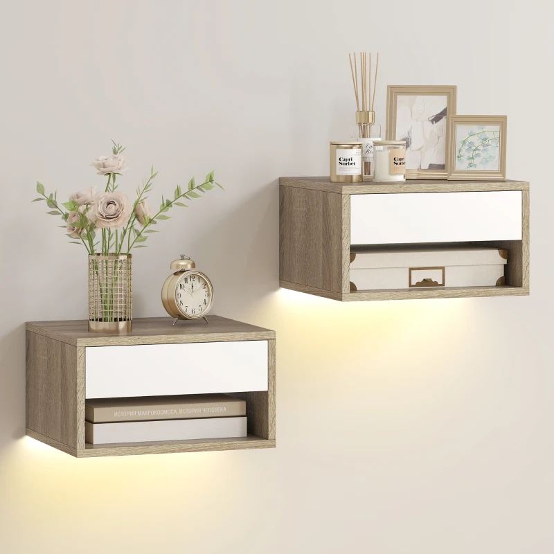 HOMCOM Lot de 2 tables de chevet suspendues avec éclairage LED RGB contrôle par application, étagère, tiroir, 37x32x21cm, teck