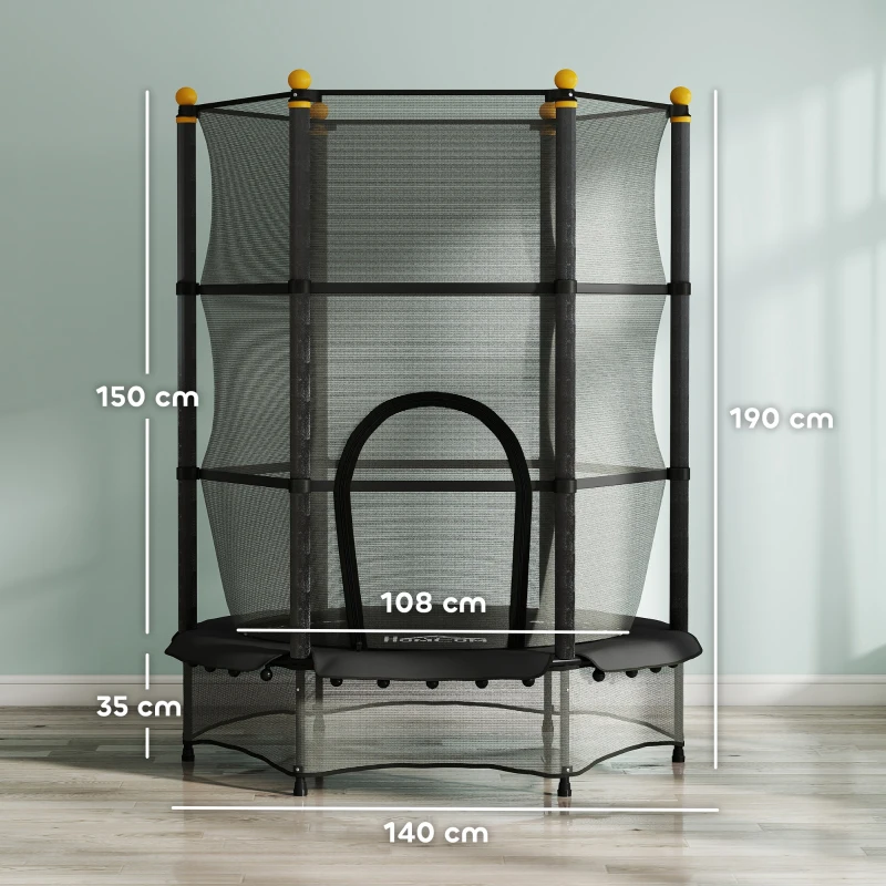 HOMCOM Trampolin für Kinder, Ø140 cm, mit Sicherheitsnetz, für innen und außen, Stahl, Kunststoff, belastbar bis 50 kg, Schwarz