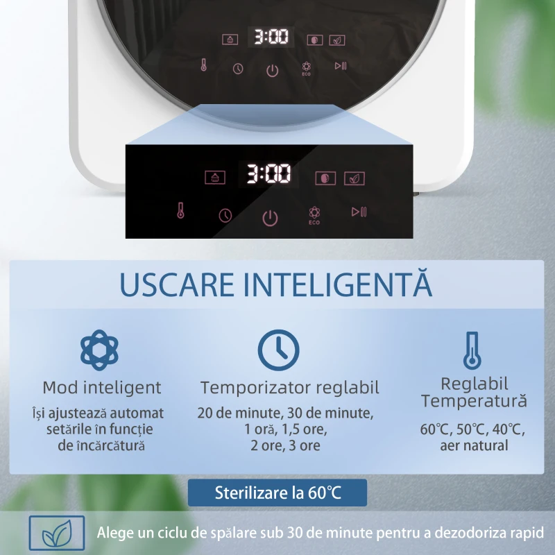 HOMCOM Mini Uscător de Rufe Portabil, 4 kg, Display LED, Compact 800W, ABS,  Tambur din Oțel Inoxidabil, Alb