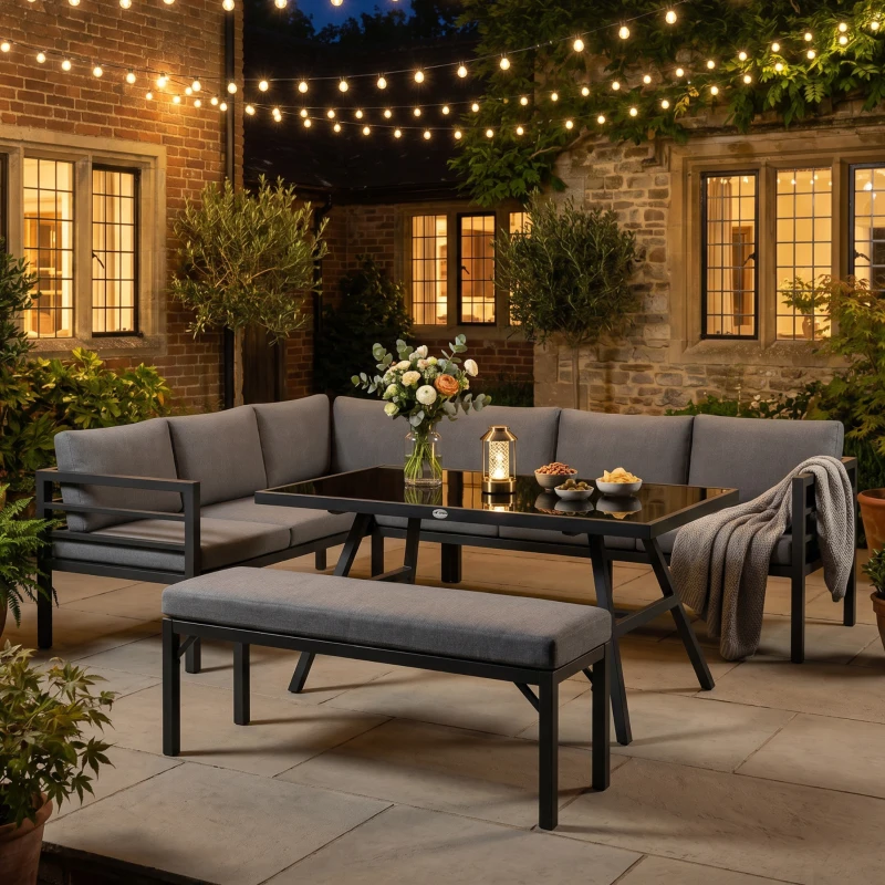 Outsunny 4 Piece L-shaped Garden Furniture Set 8-Seater Aluminium Outdoor Dining Set Conversation Sofa Set w/ Bench, Dining Table & Cushions, Grey