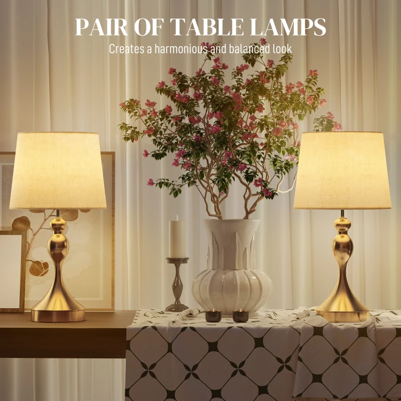 HOMCOM Set of Two Three-Colour Lamps, with USB Ports - Gold Tone