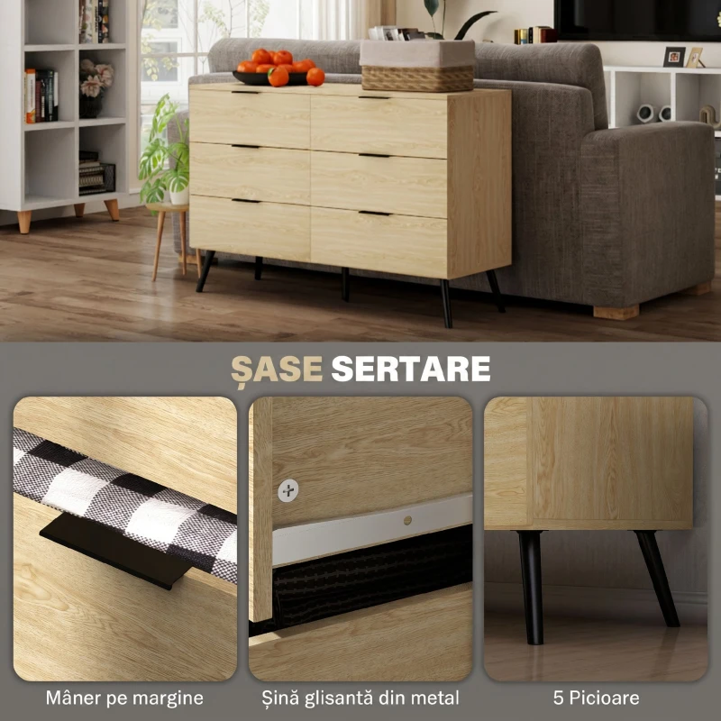 HOMCOM Comodă cu 6 sertare din lemn pentru dormitor și hol, 110x40x75cm, stejar