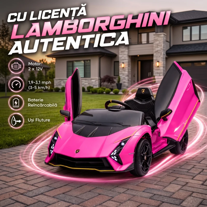 AIYAPLAY Mașină Electrică pentru Copii 3-6 Ani 12V Lamborghini Autentica, 2 Motoare, Uși Tip Foarfecă, Suspensii, Roz