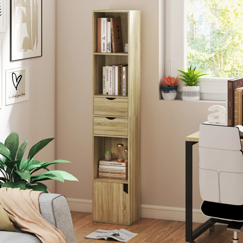 HOMCOM Librería 6 Estantes Con Cajón, Puerta, Baldas Abiertas, 30x24x158 Cm, Roble