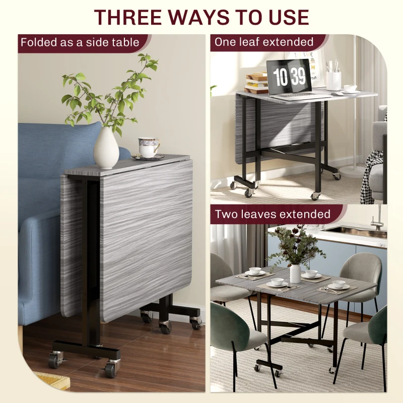 HOMCOM Tavolo da pranzo pieghevole 120 cm per 4-6 persone con ruote e 2 ribalte, grigio