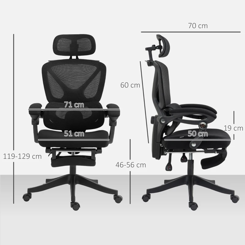 HOMCOM Scaun de birou ergonomic cu tetieră reglabilă, fotoliu de birou reclinabil din plasă, spătar separat, negru