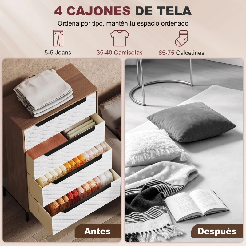 HOMCOM Cómoda com 4 Gavetas de Tecido Frentes com Padrão de Diamante Móvel de Arrumação 59,5,5x30x92,5 cm Madeira e Branco