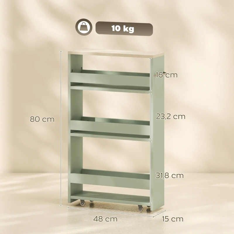 kleankin Carrito de Almacenamiento de 3 Niveles con Ruedas y Asa 48x15x80 cm Verde