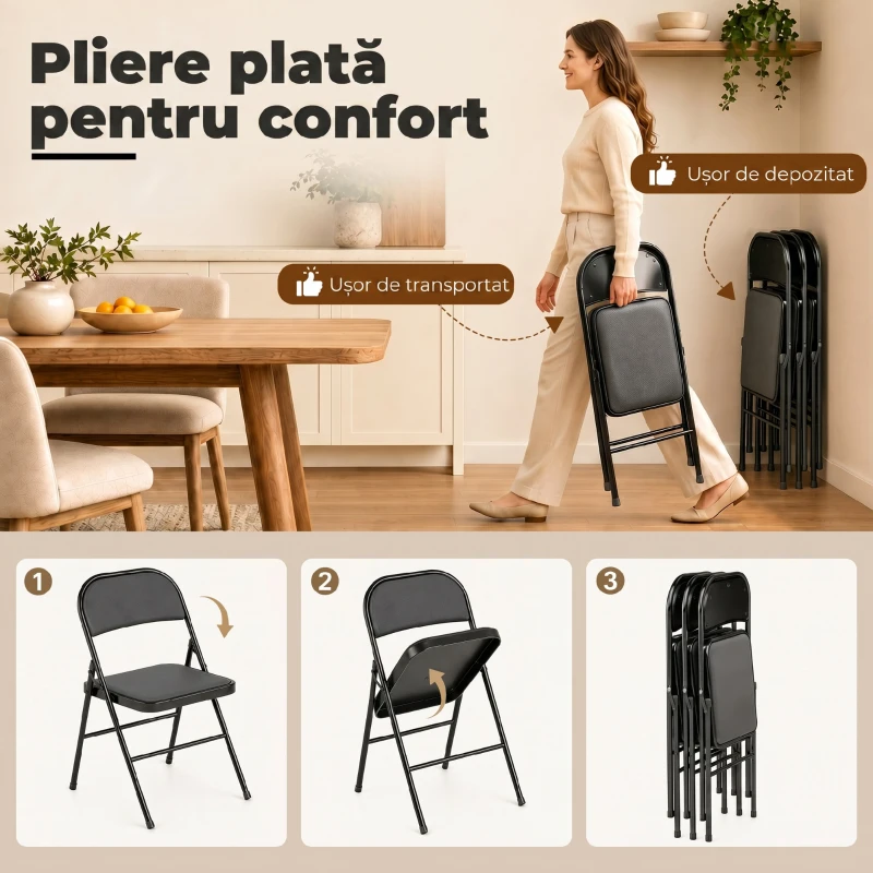 HOMCOM Set de 2 Scaune Pliabile Metalice, Tapițate cu Piele Ecologică PU, pentru Interior, cu Șezut Confortabil și Spătar Deschis