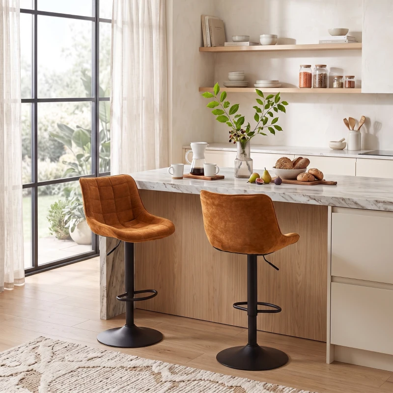 HOMCOM Set 2 drehbare und höhenverstellbare Barhocker mit Metallbasis und Rückenlehne, Orangebraun