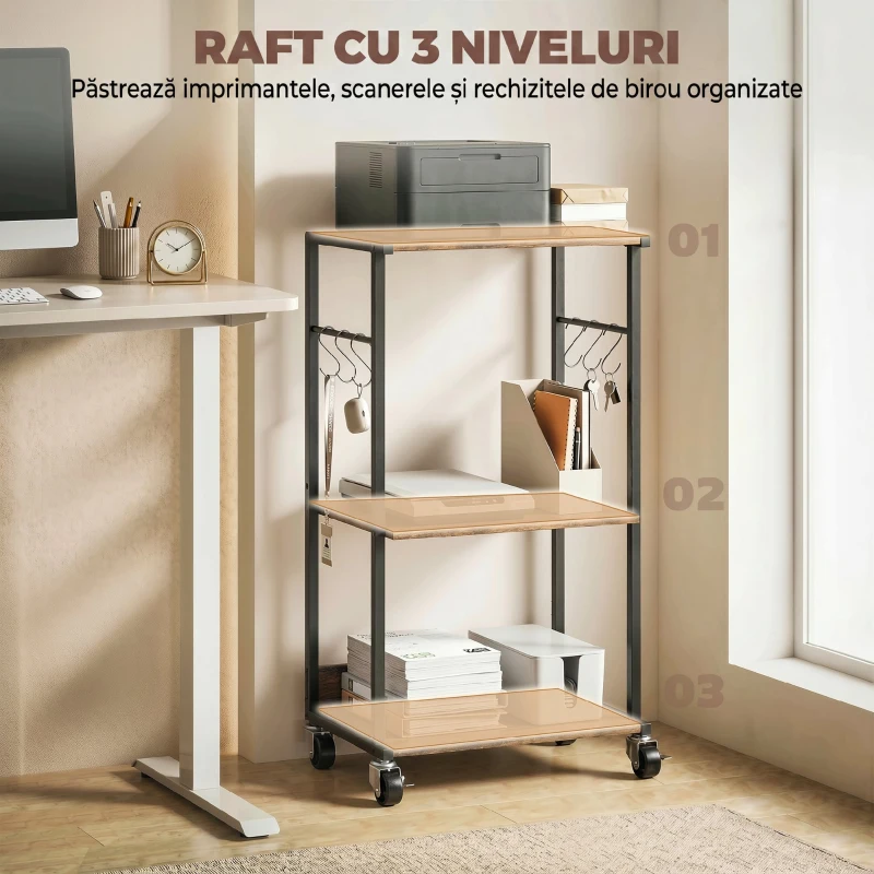 HOMCOM Dulap Imprimantă Industrial 3 Niveluri, Roți și Cârlige, Maro Rustic.