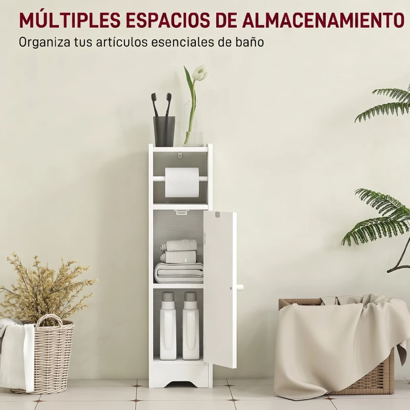 HOMCOM Armario de Baño Estrecho Mueble Auxiliar de Baño con Estante Ajustable y Portarrollos de Papel 21x20x79 cm Blanco