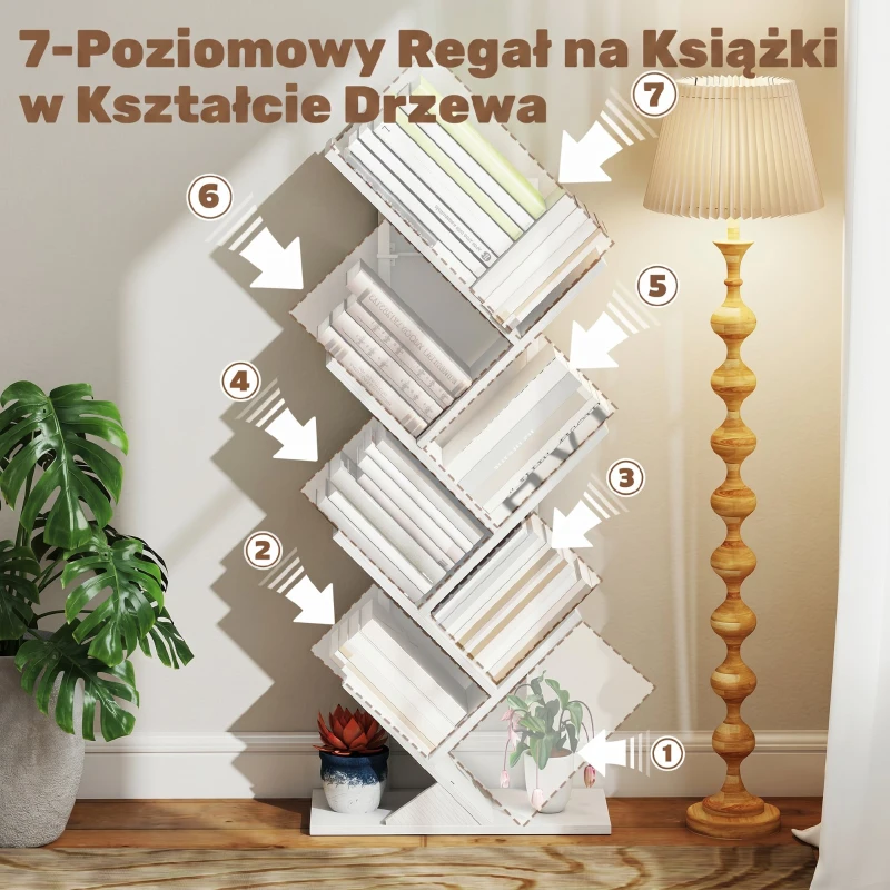 HOMCOM Regał stojący z 7 półkami, wąski regał w kształcie drzewa do biura, rustykalny biały