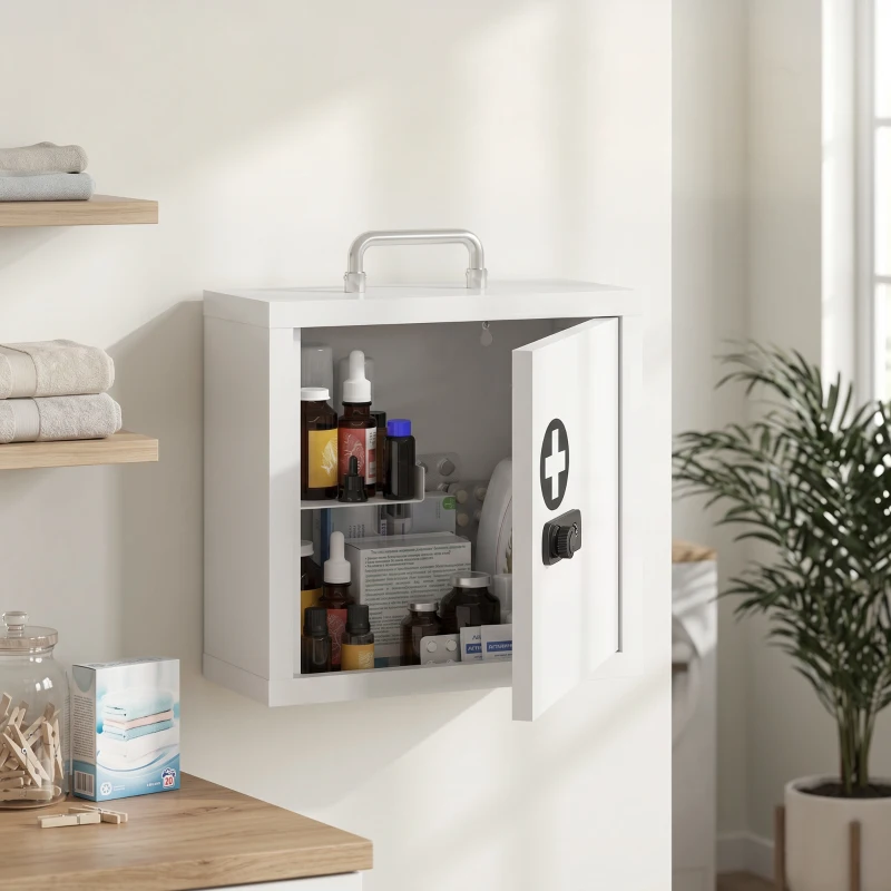 HOMCOM Armadietto medicinali da parete con serratura a combinazione e 2 livelli, bianco