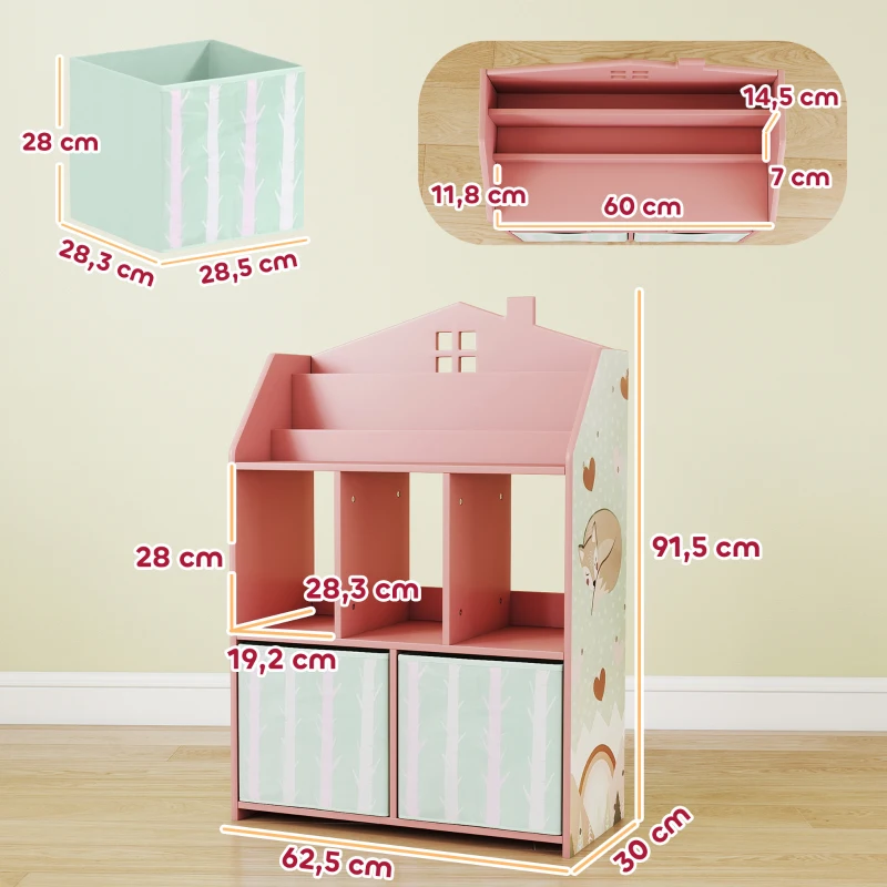 AIYAPLAY Kinderregal Bücherregal Kinder mit 2 Stoffschubladen offen Regal für 3-8 Jahre 62,5x30x91,5 cm Rosa