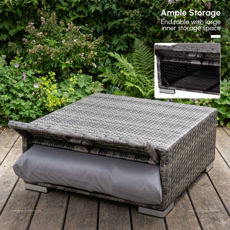 Outsunny 3PC Rattan Garden Furniture Storage Sofa Set, 4 Seater Wicker Coffee Table Conservatory Sun Lounger Reclining Set with Cushion, Grey