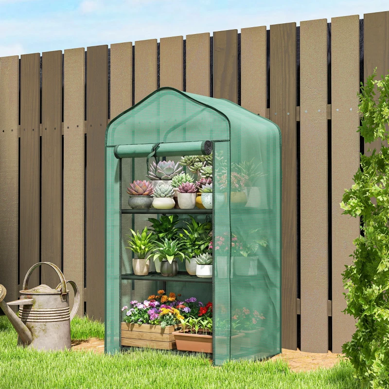 Outsunny Mini Serra da Giardino con Copertura in PE, 3 Ripiani e Porta Avvolgibile, 59x39x127cm, Verde