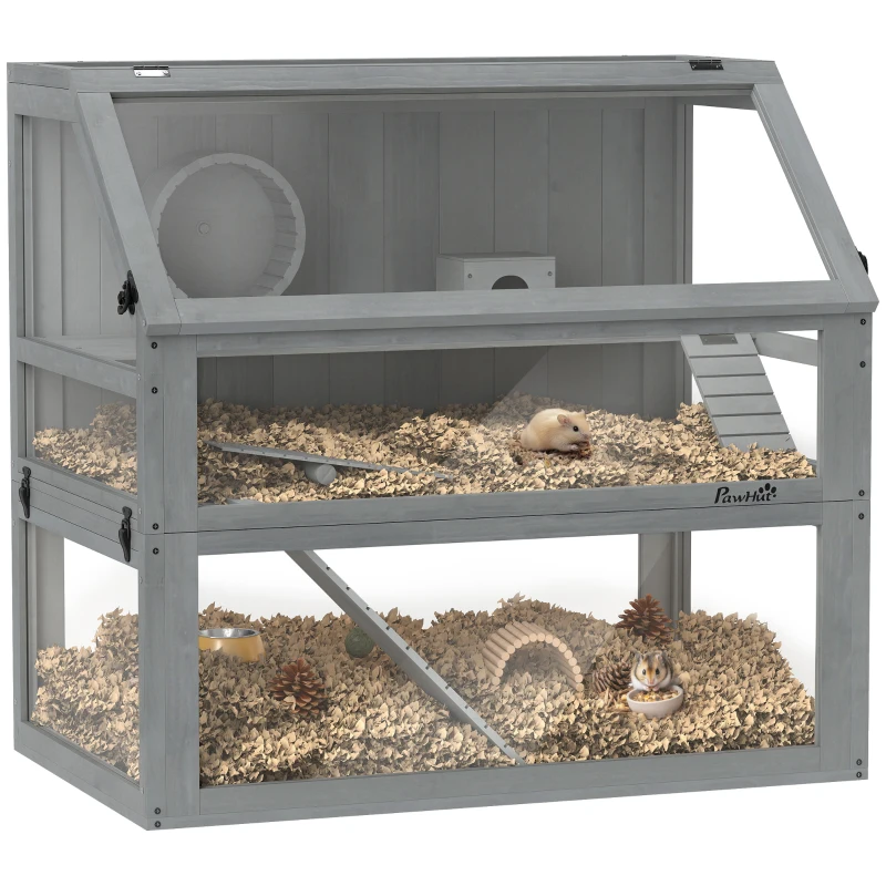 PawHut Cage Hamster Rongeur à 3 Niveaux, Base Amovible Profonde, Cabane, Balançoire, 80x50x76cm Gris Clair