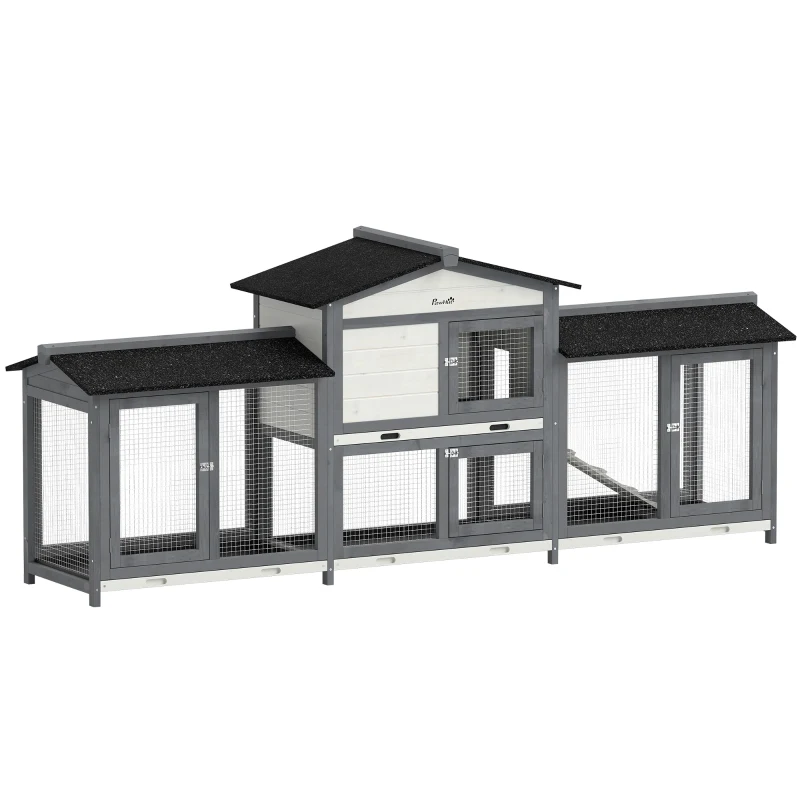 PawHut Cușcă pentru iepuri, 2 etaje, lemn, 230 x 53 x 93,5 cm, rezistentă la iarnă cu acoperiș asfaltat, spațiu de alergare, tăvi detașabile