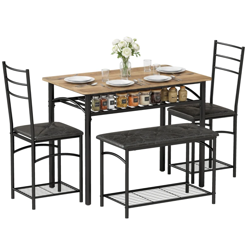 HOMCOM Set de dining 4 piese, masă de bucătărie în stil industrial cu 2 scaune și bancă pentru 4 persoane, scaune tapițate cu piele PU, maro