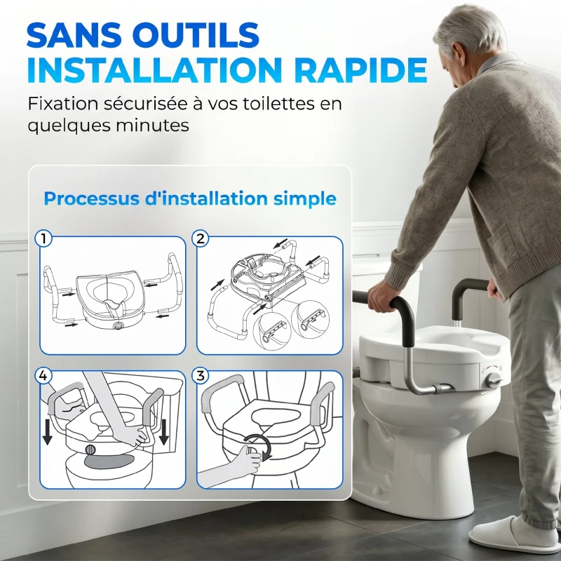 HOMCOM Rehausseur de siège de toilettes avec poignées, largeur réglable, accoudoirs rembourrés, blanc