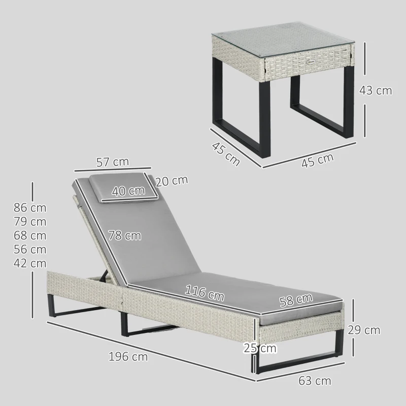 Outsunny 3-piece PE Rattan Sun Lounger Set with Adjustable 5-Position Recliner, Patio Chaise Lounge Chair Set with Cushions, Headrests, Glass Top Square Coffee Table, Light Grey