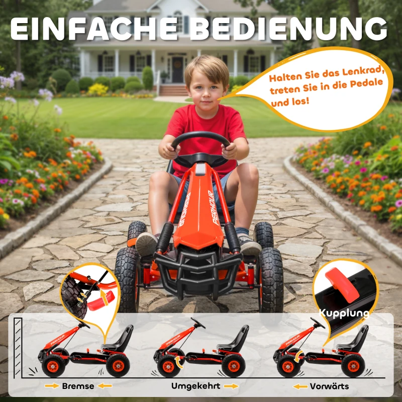 AIYAPLAY Pedal-Gokart für Kinder, höhenverstellbarer Sitz, EVA-Räder, Bremse, Kupplung, 3-8 Jahre, Rot