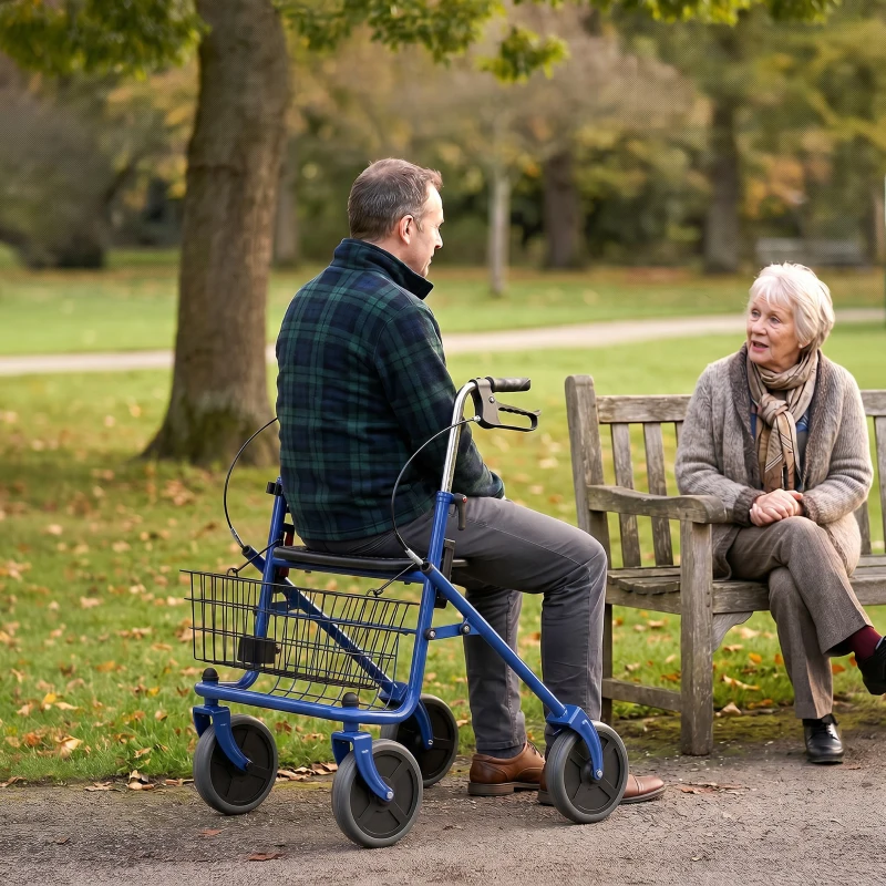 HOMCOM Déambulateur 4 roues pliable, rollator en acier inoxydable, siège rembourré en PU, poignée réglable, bleu
