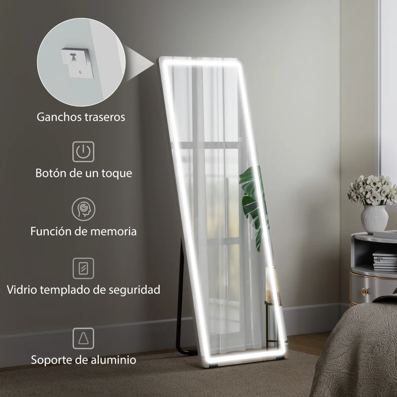 HOMCOM Espejo de Pie Cuerpo Entero con Luces 150x50 cm sin Marco 3 Temperaturas de Color Brillo Ajustable Transparente