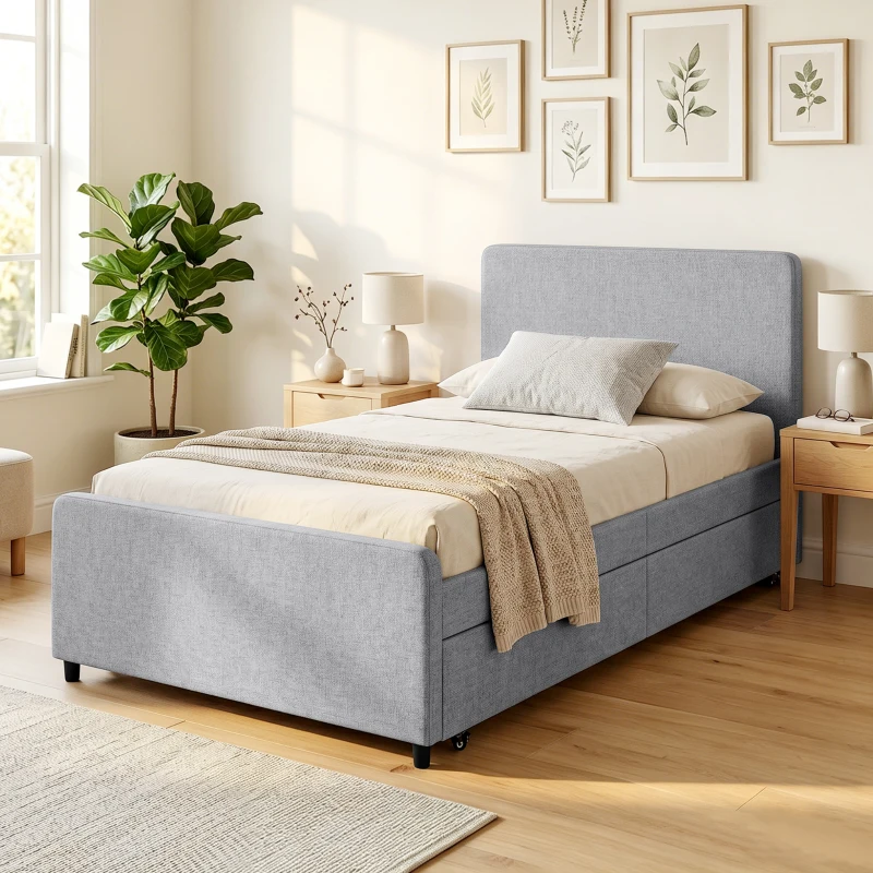 HOMCOM Cama Nido Individual 90x190 cm Estructura de Cama Tapizada en Lino con Cabecero y Piecero Listones de Madera Gris Claro