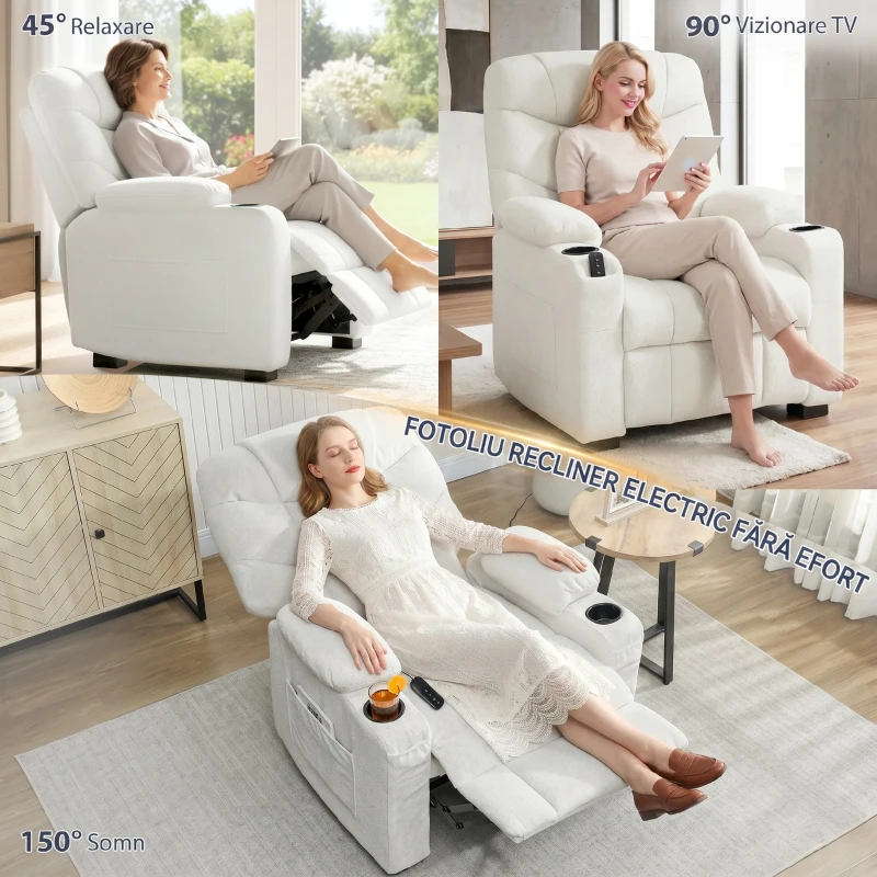 HOMCOM Fotoliu Relax Electric Reclinabil 150° cu Suport pentru Picioare, Funcție Memorie, Telecomandă, din Catifea, Crem
