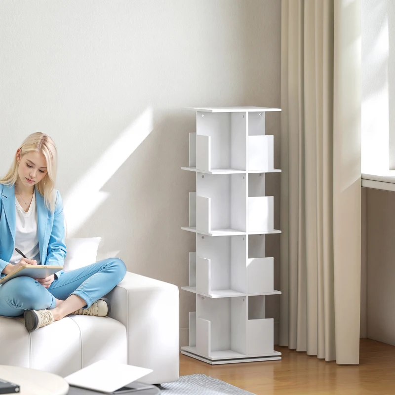 HOMCOM Bibliothèque rotative à 4 niveaux, étagère rangement avec 16 compartiments, 39 x 39 x 128,3 cm, blanc