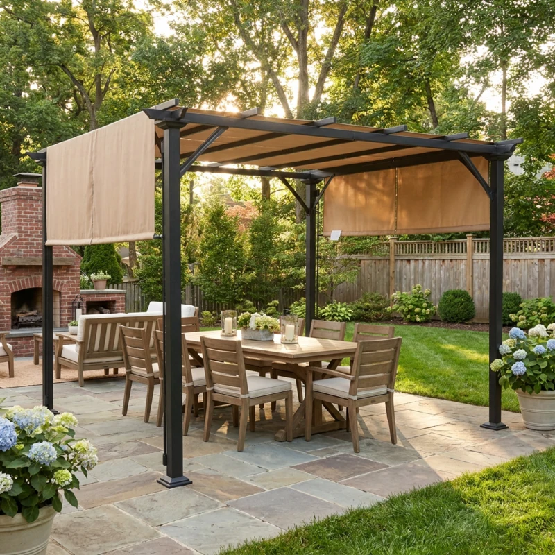 Outsunny Pergola Gazebo da Giardino in Acciaio con Tende Regolabili 3x3m, Marrone Chiaro